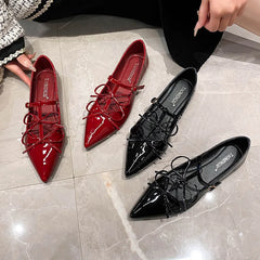 LIZAKOSHT - sexy T-strap flats women double bowtie ankle strap party shoes woman pointed toe cutout mary janes japanned leather loafers
