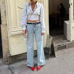 LIZAKOSHT - Amercian Retro White High Waist Straight Wide Leg Jeans Women Loose Denim Pants Floor Length Trousers blue black 4 colors