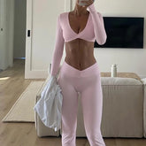 LIZAKOSHT  -  Women's Sporty Sets Solid V Neck Long-sleeved Crop Top and High Waist Pants Elastic Fitness Workout Trendy Street Outfits