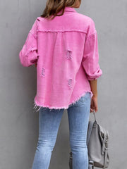 LIZAKOSHT - Women's Plain Button Front Ripped Drop Shoulder Mean Girls Coat without Cami Top, Summer Outfits 2024, Casual Basic Minimalist Longsleeves Shirt Collar Outerwear for Spring & Fall, Lady Clothes for Daily Wear, Womenswear