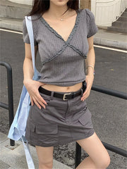 LIZAKOSHT - Stylish V-Neck T-Shirts Slim Women Summer 2024 Casual Short Sleeve Mini Skirts High Street Office Lady Chic Daily