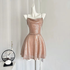 LIZAKOSHT  -  Sequins Dresses Sling High Quality Women Pink Dress Vintage Sleeveless Off Shoulder Y2k Elegant Party Waist Slimming Short Dress