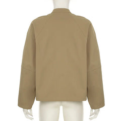 LIZAKOSHT - Women Vintage Casual Loose Cargo Jackets Stand Collar Zip-up Long Sleeve Cardigan Coats Fashion Streetwear Tops Outerwear