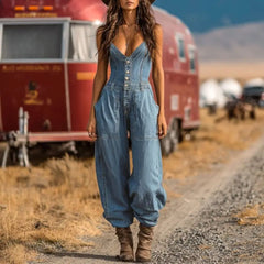 LIZAKOSHT - Western Cowboy Denim Jumpsuit for Women, Casual Outdoor Overalls Trousers with Pockets, Plus Size Available