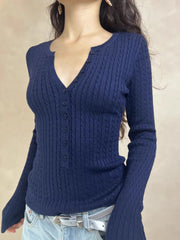 LIZAKOSHT - Twist Flower Buttons Knitwear Woman Autumn O-neck Long Sleeve Knitted Slim Pullovers Casual Simple Solid Baisc Sweater Y2k Tops