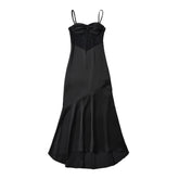LIZAKOSHT - Fashion Light Blue Satin Ruched Bra Spliced Lace Sling Dress Women Hollow Out Slim Waist Midi Long Asymmetry Dresses Femme Robe
