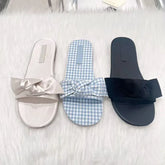 LIZAKOSHT - Silk Butterfly-Knot Slippers Women Flat Heel Gingham Sandals Cloth Fabric Slides Female Slip On Pantuflas House Flipflops