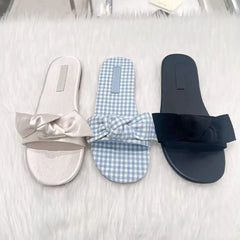 LIZAKOSHT - Silk Butterfly-Knot Slippers Women Flat Heel Gingham Sandals Cloth Fabric Slides Female Slip On Pantuflas House Flipflops