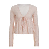 LIZAKOSHT - Pink Sweet Cute V-Neck Bow Tie T-Shirt Casual Lace Long-Sleeve Top Autumn Clothing For Women Chic Streetwear Outfits