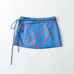 LIZAKOSHT - Summer Girl Bandage Lacing Up Sashes Ruched Waist Blue Floral Print Mini Skirts Fashion Women Zip up Waist A-lined Short Skirts