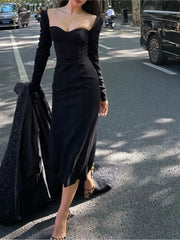 LIZAKOSHT - Square Collar Slim Bodycon Black Vestido Femme Fashion Outerwear Robe Women Autumn Long Sleeve Elegant A-Line Midi White Dress