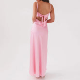 LIZAKOSHT - Women Cami Dress Solid Color Sleeveless Tie-Up Front Sleeveless Backless Dress Long Dress Summer Casual Spaghetti Strap Dress