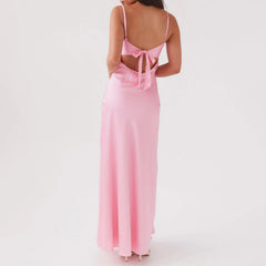 LIZAKOSHT - Women Cami Dress Solid Color Sleeveless Tie-Up Front Sleeveless Backless Dress Long Dress Summer Casual Spaghetti Strap Dress