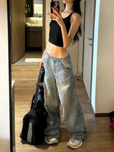 LIZAKOSHT - Fashion Blue Casual Wide Leg Jeans Oversized High Waisted Vintage Wash Loose Straight Trousers Korean Street Trend Y2K Pants
