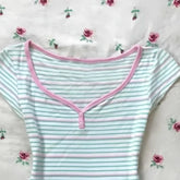 LIZAKOSHT - Y2k Stripes T Shirt For Women V Neck Versatile Color Blocking Vintage T-shirts Spring Summer Sexy Basics Ropa De Mujer