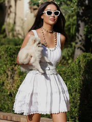 LIZAKOSHT  -  Hollow Out Ruffle Knit Sundress Women High Waist Casual Solid Sleeveless Dresses Vacation Party Sexy Backless Tank Dress