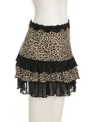 LIZAKOSHT - 2025 New Vintage Y2k Leopard Skirt Retro Punk Women Streetwear Sexy Lace Patchwork Low Waist Skirts Gothic Grunge Rave Clubwear