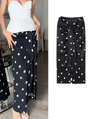 LIZAKOSHT - Polka Dot Midi Skirt Woman Elegant Casual Black High Waist Slit Skirts Fashion Bow-Tie Waist Slim Long Skirts New Summer
