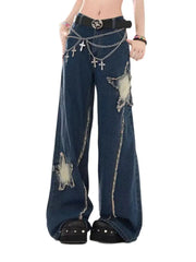 LIZAKOSHT - Jeans Raw Edge Star Patch Design High Waist American Retro Vibe Women'S Summer New Loose Slimming Wide Leg Trousers