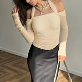 LIZAKOSHT - Hot Sexy Halter Ruched Women Skinny T-shirts Off Shoulder Solid Color Long-sleeved Autumn Streetwear Club Top Clothing