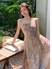 LIZAKOSHT - French Style Fairy Romantic Floral Printed Camisole Dress Ladies New Casual Beach Holiday Dresses Summer Midi Women Robe
