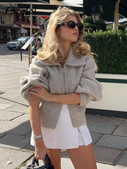 LIZAKOSHT - Casual Loose Grey Knitted Cardigan Sweater Women Autumn Winter Turn Down Collar Knitwear Cardigan Coat Female Clothes