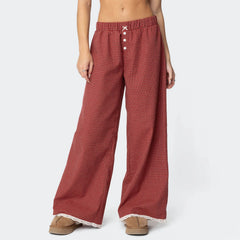 LIZAKOSHT - Women Red Gingham Wide Leg Pants Lace Trim Vintage Elastic Waist Straight Leg Plaid Pants Y2K Vintage Streetwear
