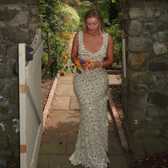 LIZAKOSHT  -  Floral Print Sexy V Neck Ruffles Elegant Bodycon Maxi Dresses Spring Fashion Holiday Streetwear Party Women Vestidos