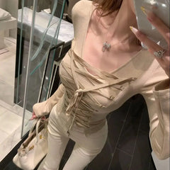 LIZAKOSHT  -  Autumn Winter T-Shirt Top Ins Pure Lust Style New Hot Girl Strap Short Style Slimming Design Tight Long Sleeves