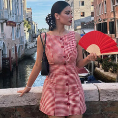 LIZAKOSHT  -  Women Red Plaid Sleeveless Buttons Short Dress Elegant Fashion Lady Streetwear Summer Y2K Sexy Crew Neck Mini Dresses