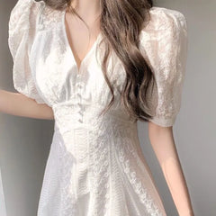 LIZAKOSHT - Lace Dresses for Women V Neck Solid Spring Summer Elegant Vestidos Mujer Korean Fashion Puff Sleeve Retro Long Dress