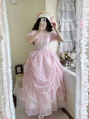 LIZAKOSHT - Gentle Pink Puff Sleeve Op Dress Floral Wedding Lolita Waist Slimming Bow Tail