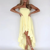 LIZAKOSHT - Sexy Strapless Pleated Irregular Woman Long Dress Yellow Ruffle Edge Design Summer Dress Simple Backless Hollow Out Beach Dress