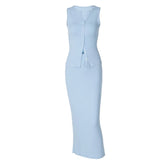 LIZAKOSHT - 2 Piece Outfits Sexy Women Solid Color Ribbed Buttons Sleeveless Tank Top and Long Skirt Clothes Set 2000s Streetwear