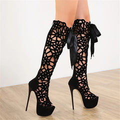 LIZAKOSHT - Suede Leather Peep Toe Thick Bottom Super High Heels Knee High Women Boots Hollow Out Butterfly Knot Fashion Rome Female Shoes