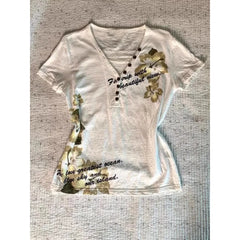 LIZAKOSHT - White V-neck Flower Printed Short-sleeved T-shirt Women American Vintage Top Casual New Chic Fashion Summer 2024 Elegant Tees