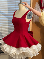 LIZAKOSHT - French Coquette Princess Lace Bow Mini Dress Women Slim Fit Ruched Wide Shoulder Strap Square Neck Party Clubwear Elegant Outfit