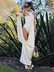 LIZAKOSHT - New Solid Halter Dresses for Women Sexy Bodycon Jumpsuit Hollow Out Long Robes Fashion Female Evening Party Outfits Street