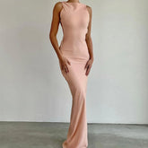 LIZAKOSHT - Women Dress Elegant Long Bathroom Beach Tunic Dresses Female Midi Outing Summer Clothes Kaftan Sexy Backless Patchwork Chain