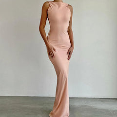 LIZAKOSHT - Women Dress Elegant Long Bathroom Beach Tunic Dresses Female Midi Outing Summer Clothes Kaftan Sexy Backless Patchwork Chain