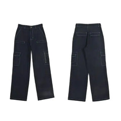 LIZAKOSHT - Cargo Pants Flange Multiple Pockets High Waist Women Straight Baggy Pants Fashion Cotton Wide Leg Trousers Casual Streetwear