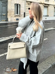 LIZAKOSHT - Elegant Solid Scarf Collar Knitted Cardigan Women Chic Full Sleeve With Pocket Loose Sweater New Autumn Lady Casual Street Wear