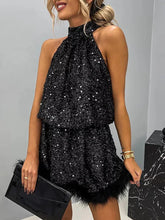 LIZAKOSHT - Lacing Up Half High Collar Women Sequins Dress Female Hollow Out Off Shoulder Club Dress Casual Patchwork Sleeveless Party Dress