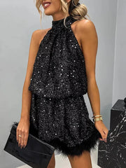 LIZAKOSHT - Lacing Up Half High Collar Women Sequins Dress Female Hollow Out Off Shoulder Club Dress Casual Patchwork Sleeveless Party Dress