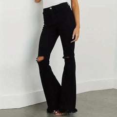 LIZAKOSHT - Y2k Jeans For Woman High Waist Ripped Flared Stretch Denim Pants Tattered Hem Slim Fit Long Trousers Fashion Trendy Chic
