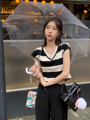 LIZAKOSHT - Striped Crop Top y2k Aesthetic V-neck Short Sleeve T Shirt Women Sweats Casual Streetwear