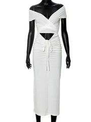 LIZAKOSHT - Hollow Out V-Neck Drawstring Maxi Dress Female Bandage Patchwork High Waist Lace-Up Party Dress Ladies White Party Dress