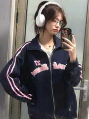 LIZAKOSHT  -  American Retro Fashion Streetwear Hoodie Women Vintage Grunge Letter Embroidery Zipper Oversized Hooded Sweatshirt 2023