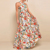 LIZAKOSHT - Women Floral Print A-line Beach Dress Elegant High Waist Full Length Swing Maxi Dress All Match Off Shoulder Party Dress Spring