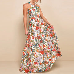 LIZAKOSHT - Women Floral Print A-line Beach Dress Elegant High Waist Full Length Swing Maxi Dress All Match Off Shoulder Party Dress Spring